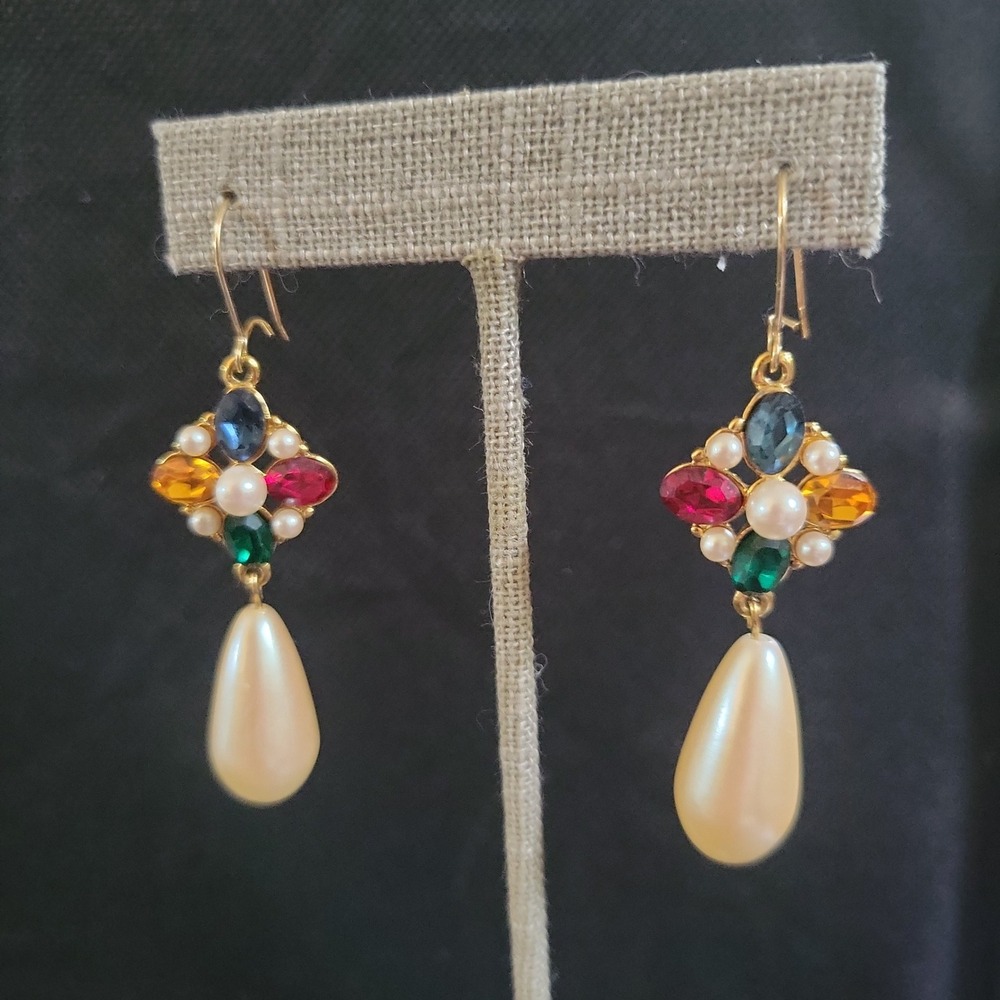 Regencycore Jewel Tone Cross Earrings Faux Pearl Teardrop‎ Byzantine Dangle